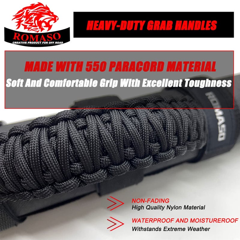 ROMASO Roll Bar Grab Handle for Jeep Wrangler,Grab Handle for Jeep Wrangler YJ TJ JK JL&Gladiator JT 1986-2025,Paracord Handles,Black,Pack of 2 - Image 3